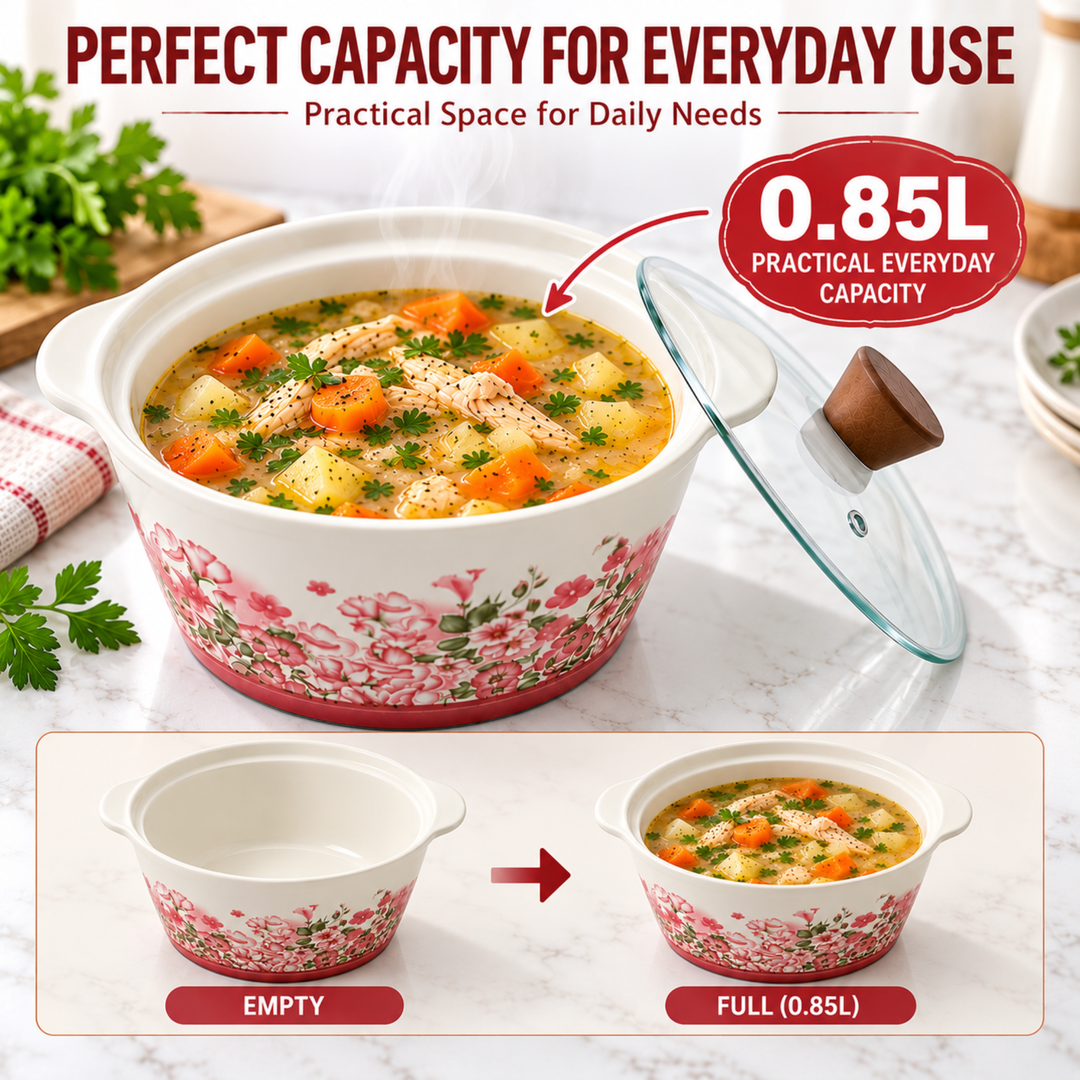 Soup Pot Set with Glass Lids, 0.85L Each, Floral Ceramic Cooking Pots with Side Handles & Wooden Knobs for Soup, Noodles, Porridge, Milk, Stews & Serving
