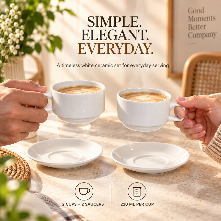 12 Piece Ceramic Cup and Saucer Set, 6 Coffee Tea Cups with 6 Matching Saucers, 220ml White Ceramic Espresso Cappuccino Tea Set for Home Kitchen Office Dining
