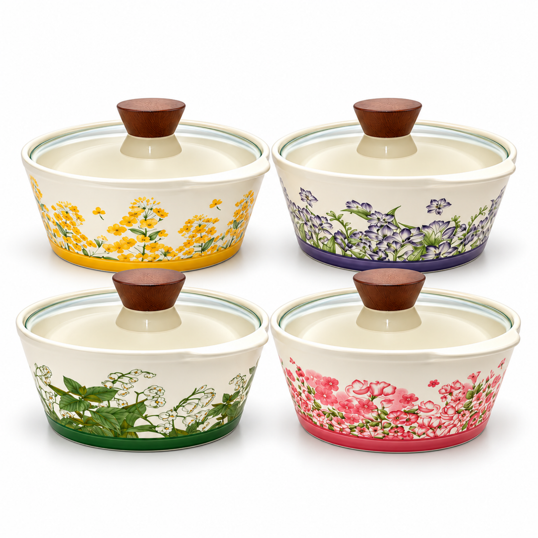 Soup Pot Set with Glass Lids, 0.85L Each, Floral Ceramic Cooking Pots with Side Handles & Wooden Knobs for Soup, Noodles, Porridge, Milk, Stews & Serving