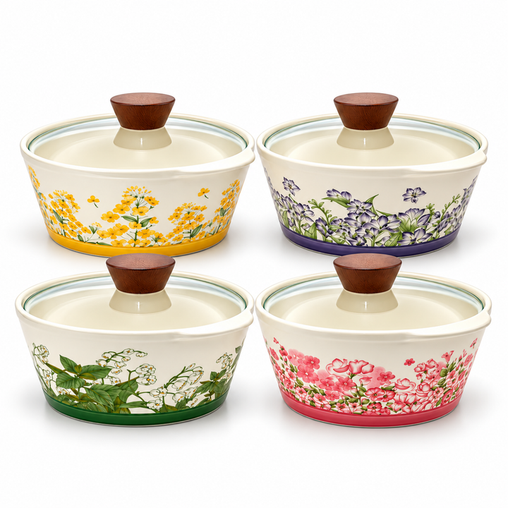 Soup Pot Set with Glass Lids, 0.85L Each, Floral Ceramic Cooking Pots with Side Handles & Wooden Knobs for Soup, Noodles, Porridge, Milk, Stews & Serving