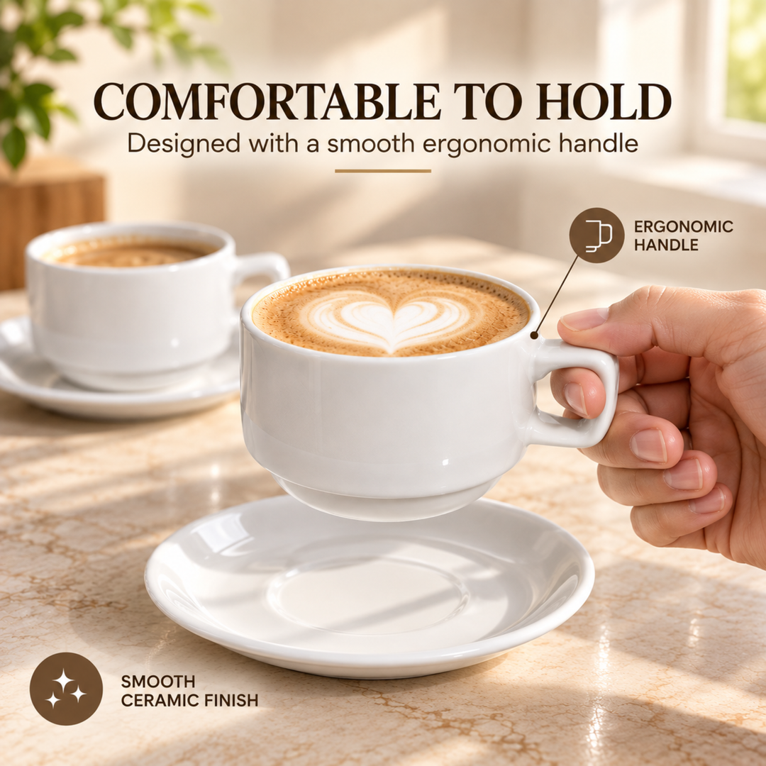 12 Piece Ceramic Cup and Saucer Set, 6 Coffee Tea Cups with 6 Matching Saucers, 220ml White Ceramic Espresso Cappuccino Tea Set for Home Kitchen Office Dining