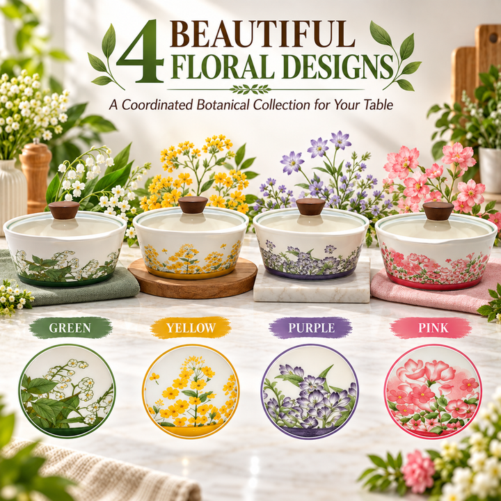 Soup Pot Set with Glass Lids, 0.85L Each, Floral Ceramic Cooking Pots with Side Handles & Wooden Knobs for Soup, Noodles, Porridge, Milk, Stews & Serving