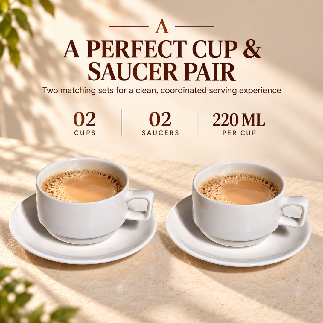 12 Piece Ceramic Cup and Saucer Set, 6 Coffee Tea Cups with 6 Matching Saucers, 220ml White Ceramic Espresso Cappuccino Tea Set for Home Kitchen Office Dining