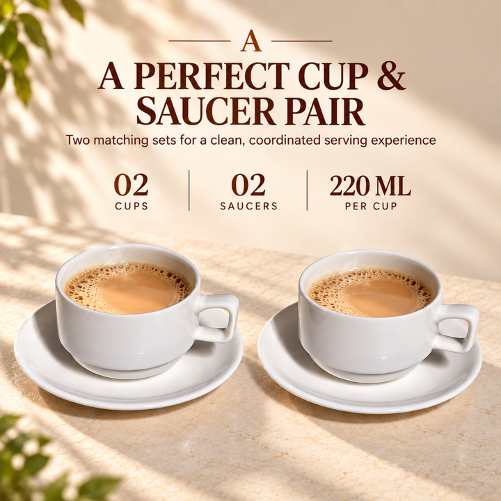 12 Piece Ceramic Cup and Saucer Set, 6 Coffee Tea Cups with 6 Matching Saucers, 220ml White Ceramic Espresso Cappuccino Tea Set for Home Kitchen Office Dining