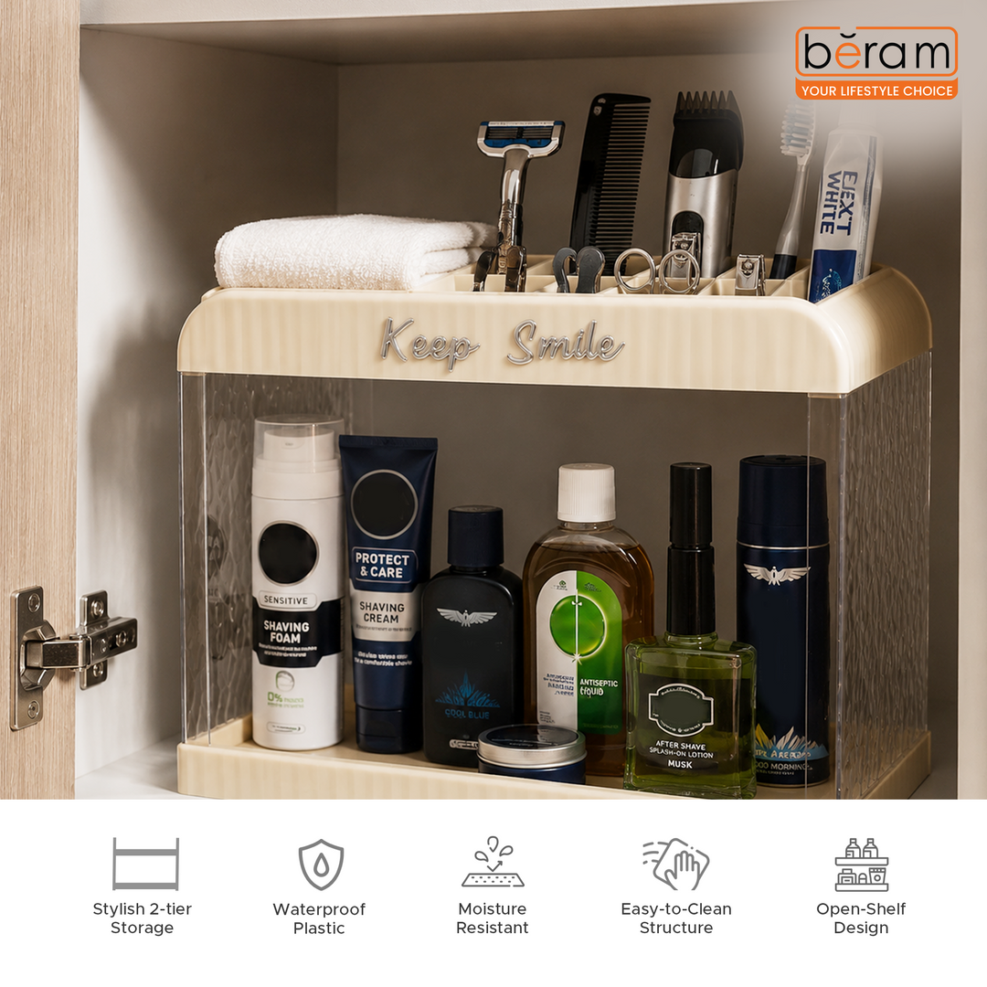 Beram 2-Tier Bathroom Storage Rack Beige Plastic Shelf Organizer for Toiletries Cosmetics & Essentials Durable Plastic Organizer Shelf for Vanity Sink or Countertop Use