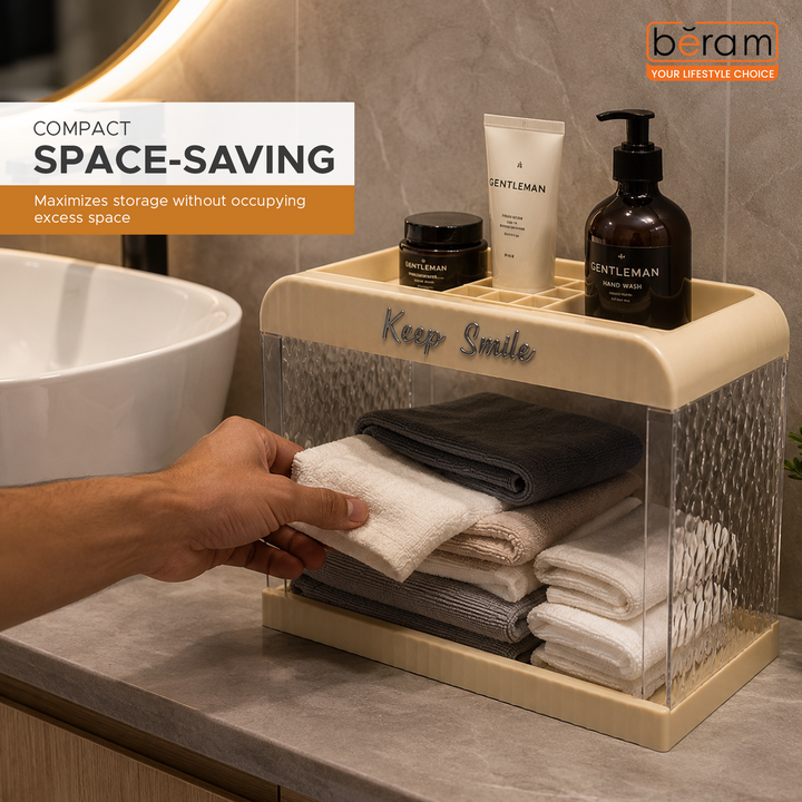 Beram 2-Tier Bathroom Storage Rack Beige Plastic Shelf Organizer for Toiletries Cosmetics & Essentials Durable Plastic Organizer Shelf for Vanity Sink or Countertop Use