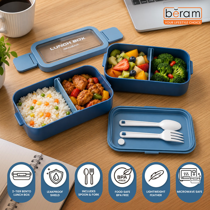 Beram PP Plastic & Silicone  Bento Lunch Box 2-Layer with Cutlery Set 1350ml Portable Insulated Tiffin Box for Kids & Adults Stackable Leakproof Food Container Silicone
