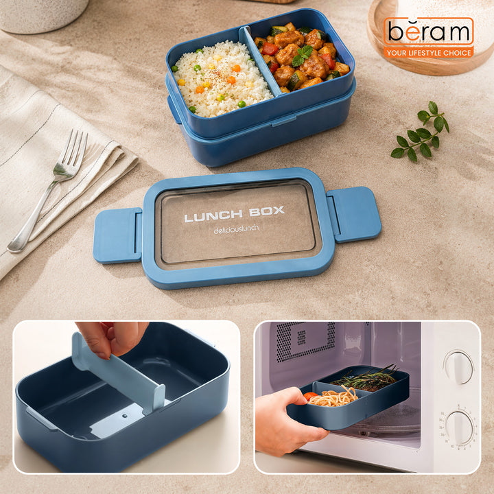Beram PP Plastic & Silicone  Bento Lunch Box 2-Layer with Cutlery Set 1350ml Portable Insulated Tiffin Box for Kids & Adults Stackable Leakproof Food Container Silicone