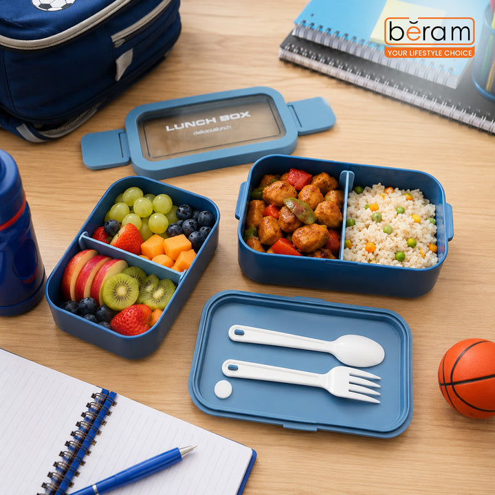 Beram PP Plastic & Silicone  Bento Lunch Box 2-Layer with Cutlery Set 1350ml Portable Insulated Tiffin Box for Kids & Adults Stackable Leakproof Food Container Silicone