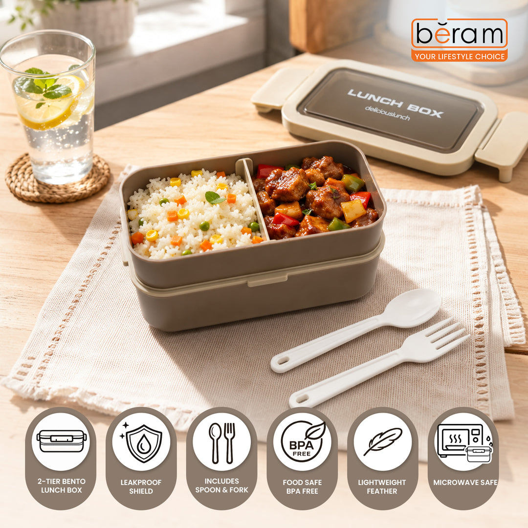 Beram Kitchen 2-Tier PP Plastic & Silicone Bento Lunch Box with Leakproof Compartments & Lunch Bag Box for School Work Travel Adults & Kids – Brown Tiffin Food Storage Container