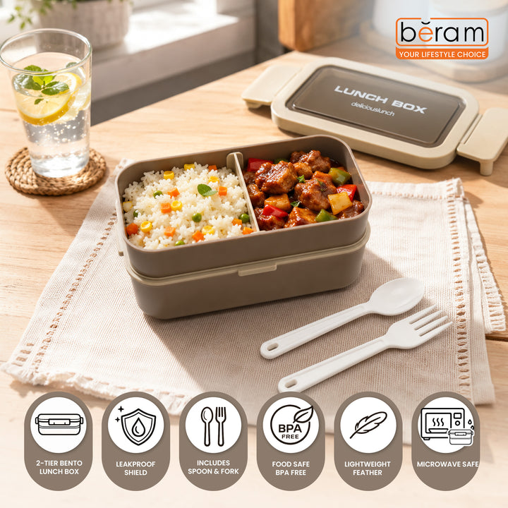 Beram Kitchen 2-Tier PP Plastic & Silicone Bento Lunch Box with Leakproof Compartments & Lunch Bag Box for School Work Travel Adults & Kids – Brown Tiffin Food Storage Container