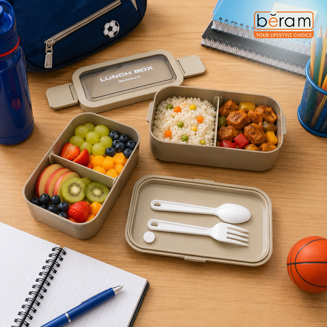 Beram Kitchen 2-Tier PP Plastic & Silicone Bento Lunch Box with Leakproof Compartments & Lunch Bag Box for School Work Travel Adults & Kids – Brown Tiffin Food Storage Container