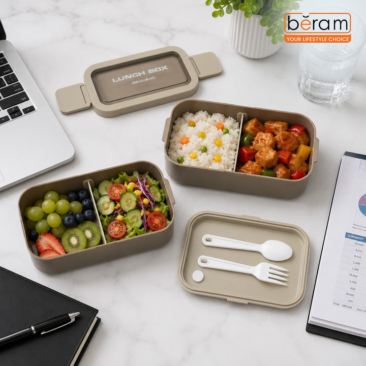 Beram Kitchen 2-Tier PP Plastic & Silicone Bento Lunch Box with Leakproof Compartments & Lunch Bag Box for School Work Travel Adults & Kids – Brown Tiffin Food Storage Container