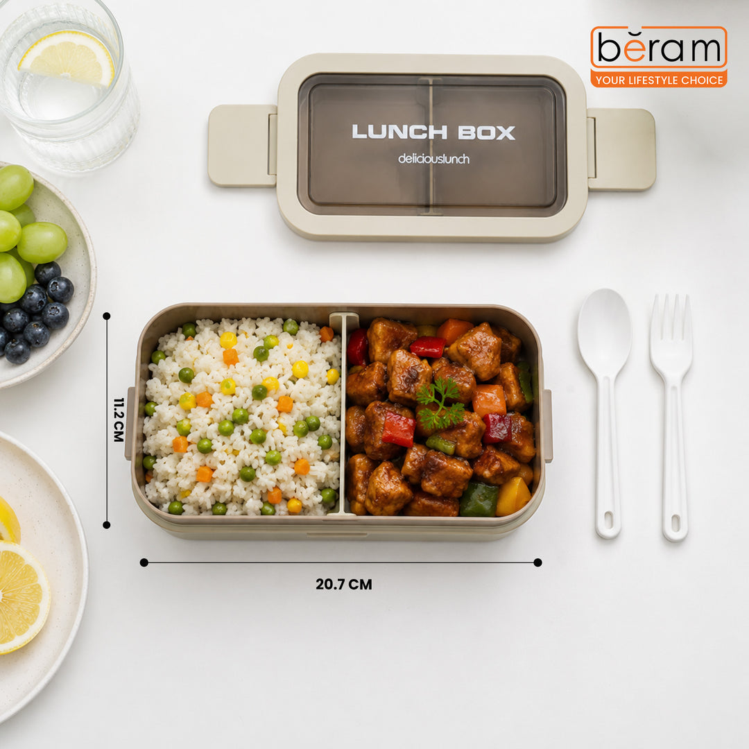Beram Kitchen 2-Tier PP Plastic & Silicone Bento Lunch Box with Leakproof Compartments & Lunch Bag Box for School Work Travel Adults & Kids – Brown Tiffin Food Storage Container