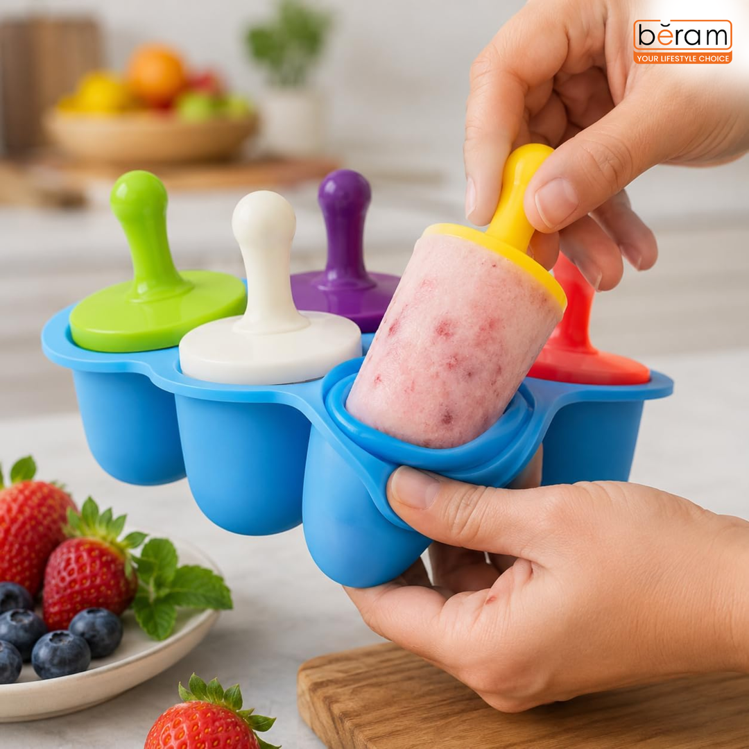 BERAM Mint Chill Combo – Green 7 Cavity Silicone Popsicle Mold with Reusable Sticks, Premium Manual Lemon Squeezer & 2PCS Stainless Steel Sugar Tongs | BPA Free DIY Ice Pop, Citrus Juicer & Dessert Serving Set