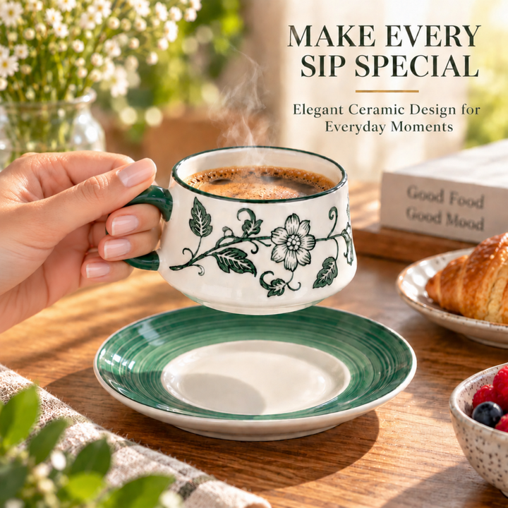12 Piece Ceramic Cup and Saucer Set, 6 Coffee Tea Cups with 6 Matching Saucers, 220ml White Ceramic Espresso Cappuccino Tea Set for Home Kitchen Office Dining