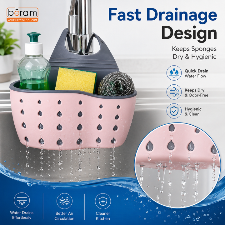 BERAM Kitchen Sink Organizer Sponge Holder Storage Basket Soap Sponge Drain Rack Holder for Sponges Soaps and Cleaning Brushes Sink Accessories