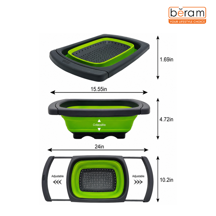 BERAM 40cm Colander, Extendable Handles, Kitchen Strainer, Collapsible, Over the Sink, Rice Drainer, Silicone, Space Saving & Collapsible Kitchen Accessories, Best for Daily Kitchen Storage and Use