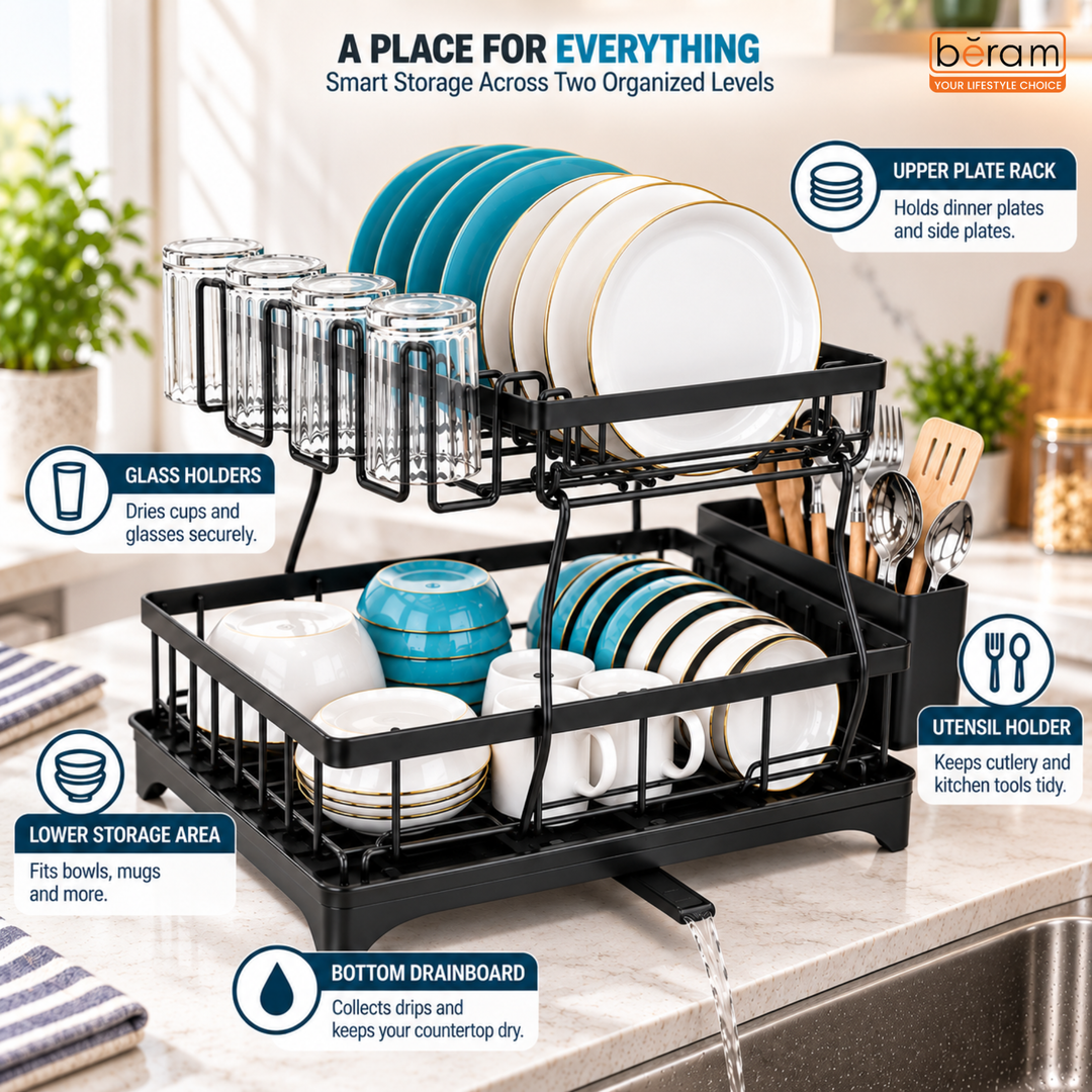BERAM 2-Tier Stainless Steel Dish Drying Rack – Rust-Resistant Kitchen Organizer with Utensil Holder & Drainboard for Countertop Storage – Black