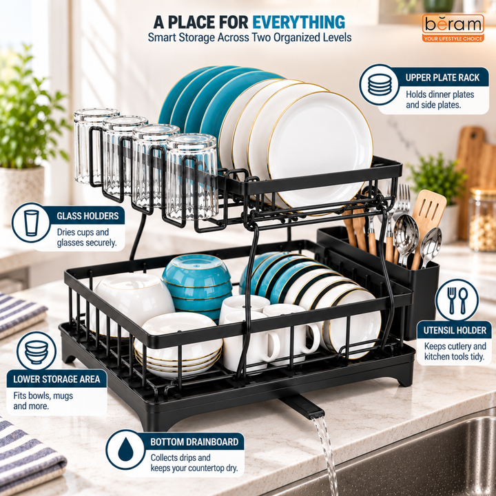 BERAM 2-Tier Stainless Steel Dish Drying Rack – Rust-Resistant Kitchen Organizer with Utensil Holder & Drainboard for Countertop Storage – Black