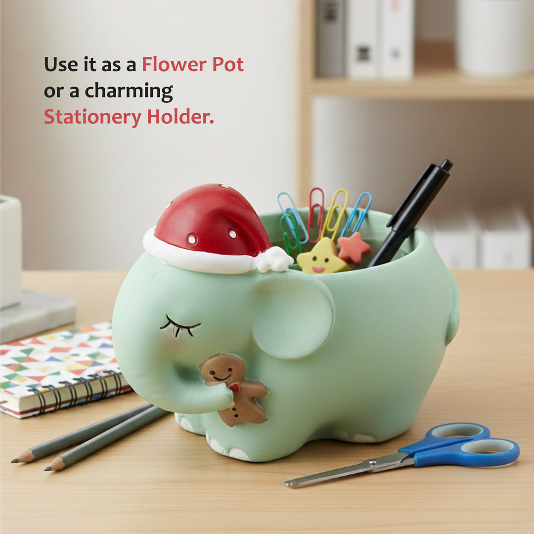 Animal Christmas Flower Pot 4 Pcs Set Rabbit Cat Porcupine Elephant Polyresin Succulent Planter Festive Mini Vase with Santa Hat Gift Box Design Indoor Outdoor Home Office Desk Decor Gift