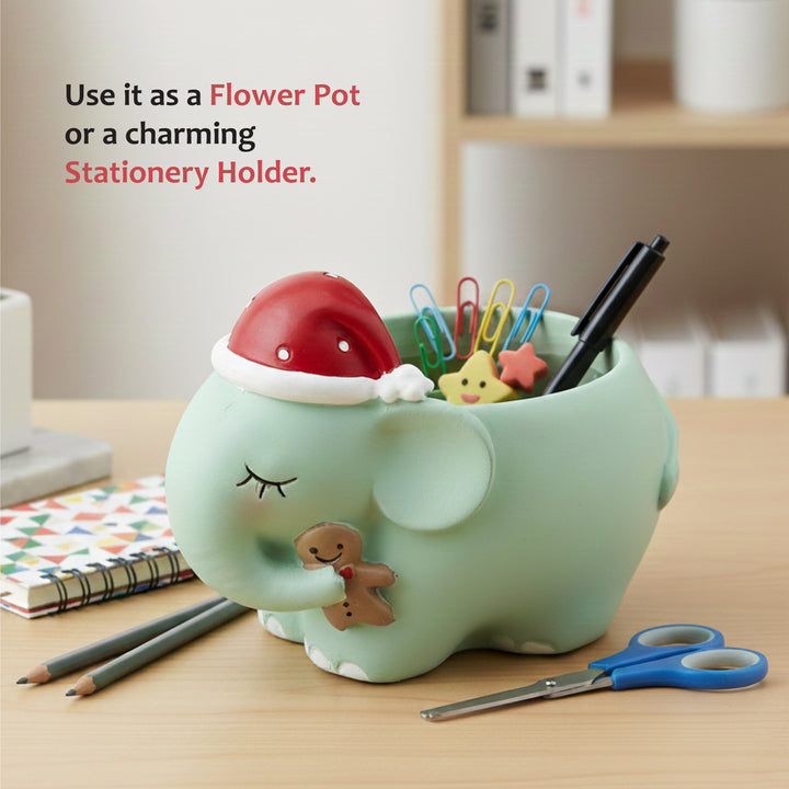 Animal Christmas Flower Pot 4 Pcs Set Rabbit Cat Porcupine Elephant Polyresin Succulent Planter Festive Mini Vase with Santa Hat Gift Box Design Indoor Outdoor Home Office Desk Decor Gift