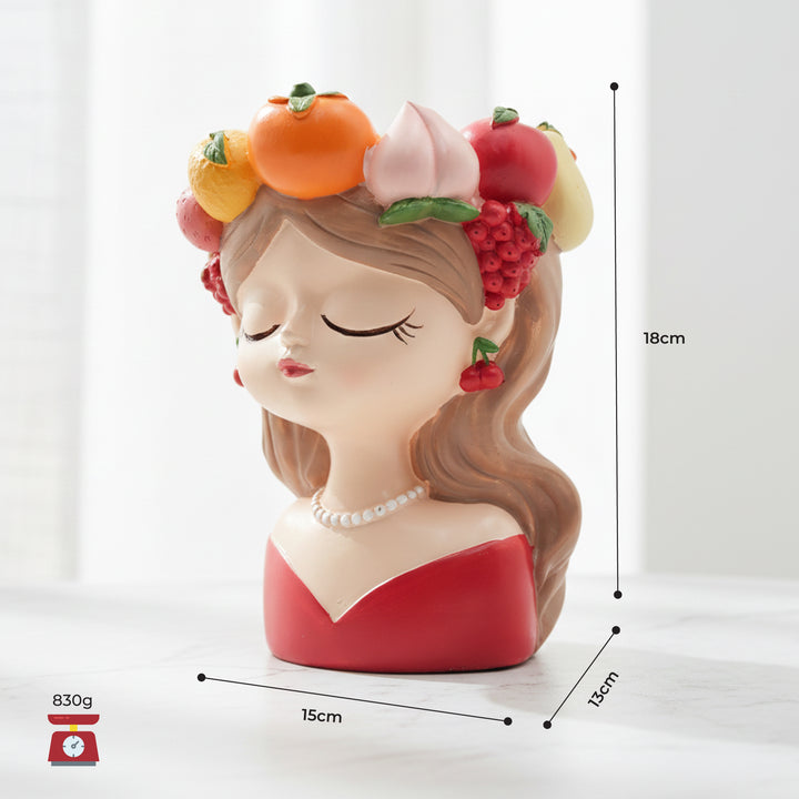 Fancy Girl with Fruit Crown Flower Pot 4 Pcs Set Red Green Pink Yellow Polyresin Decorative Planters for Succulents Indoor Outdoor Home Office Desk Décor Pen Pencil Holder Propagator Kit