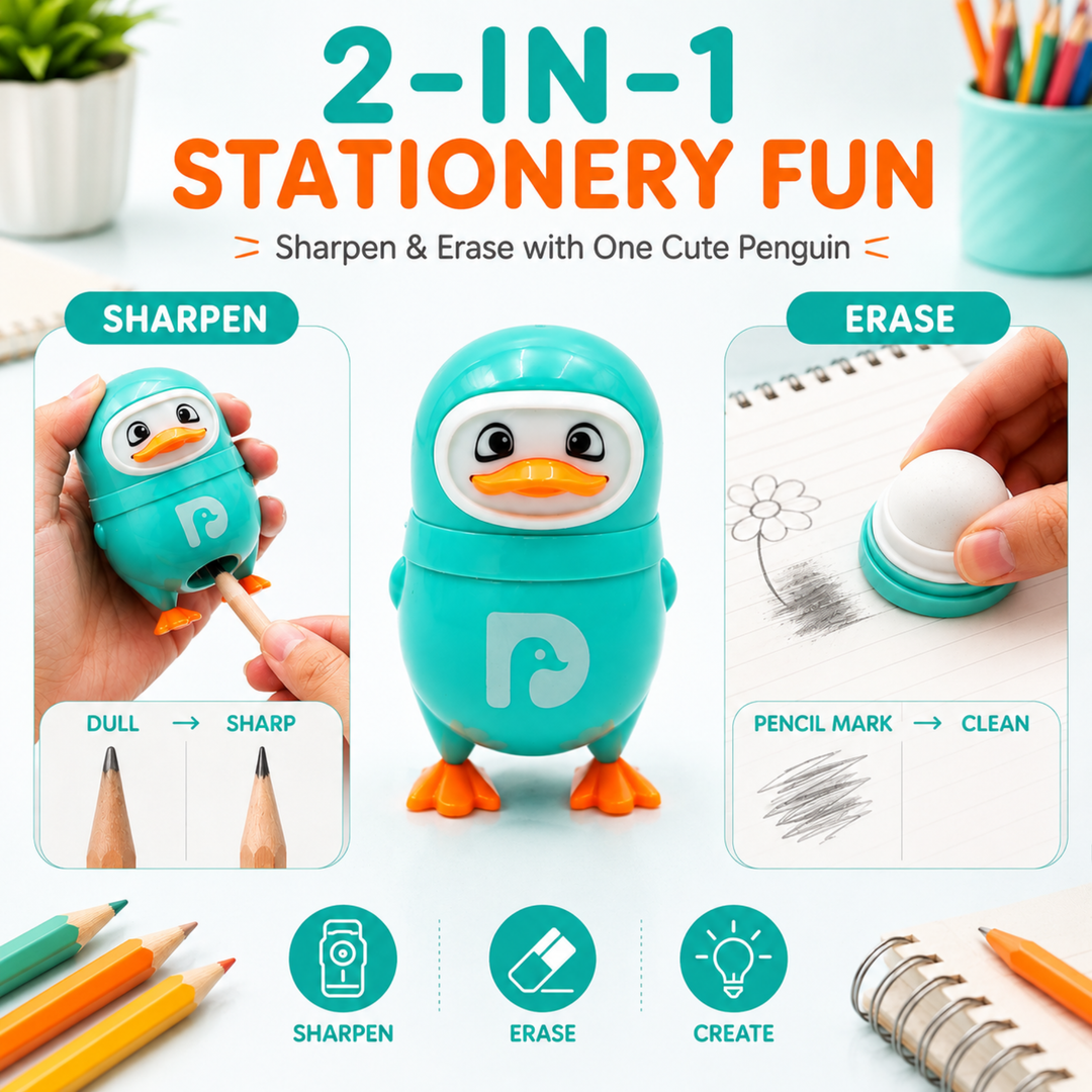 Penguin Pencil Sharpener with Eraser, 2-in-1 Cute Penguin-Shaped Pencil Sharpener, Built-In Pencil Shavings Container, Compact Stationery Sharpener for Students, School, Office & Drawing