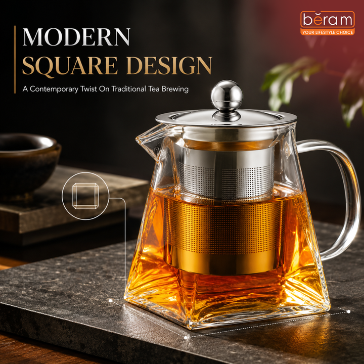 BERAM Glass Teapot with Removable 18/8 Stainless Steel Infuser – 550ml Borosilicate Glass Tea Kettle with Square Base, Stovetop Safe, Handcrafted Loose Leaf Tea Maker for Home or Office