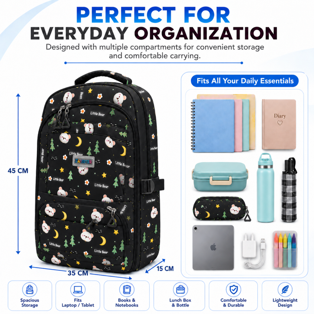 2 Piece Bear Bloom School Backpack and Insulated Lunch Bag Combo Set, Black & Green | Spacious School Bag with Matching Lunch Bag, Multiple Compartments for School, Travel, Office and Daily Use