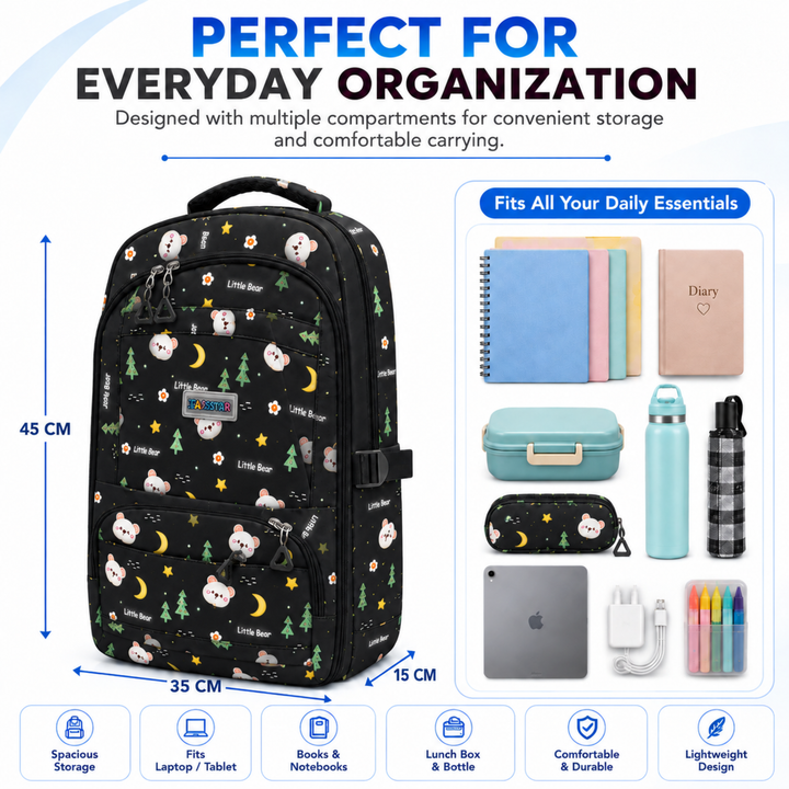 2 Piece Bear Bloom School Backpack and Insulated Lunch Bag Combo Set, Black & Green | Spacious School Bag with Matching Lunch Bag, Multiple Compartments for School, Travel, Office and Daily Use