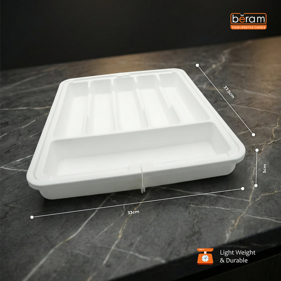Beram Expandable Kitchen Drawer Organizer Tray – 33×37.5×5 cm BPA-Free PP Cutlery Holder for Spoons Forks Knives & Utensils Adjustable Silverware Divider Storage Box for Kitchen Drawers