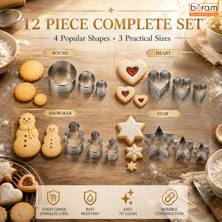 BERAM Cookie Cutters, Set of 12, Stainless Steel Pieces, Mini Vegetable and Fruit Cutters, DIY Mould for Kids, Food Shapes, Decoration Tools