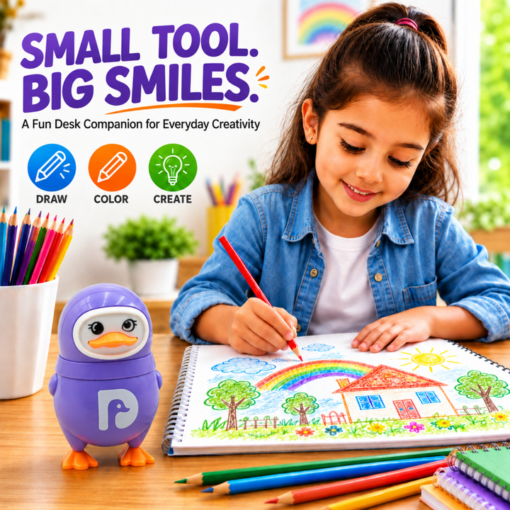 Penguin Pencil Sharpener with Eraser, 2-in-1 Cute Penguin-Shaped Pencil Sharpener, Built-In Pencil Shavings Container, Compact Stationery Sharpener for Students, School, Office & Drawing