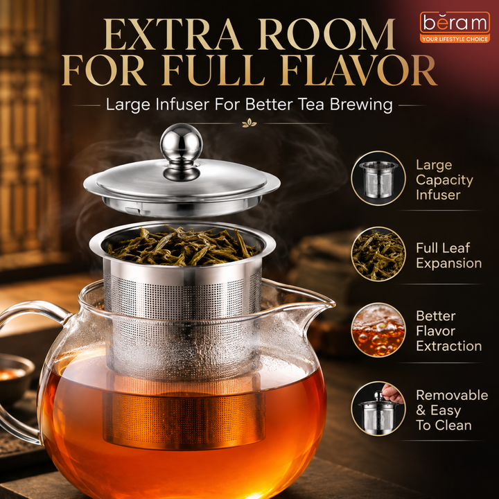 BERAM Glass Teapot with Removable Stainless Steel Infuser, 650ml Trunkless Borosilicate Tea Kettle, Stovetop Safe Handcrafted Clear Teapot for Loose Leaf Tea, Herbal & Blooming Tea