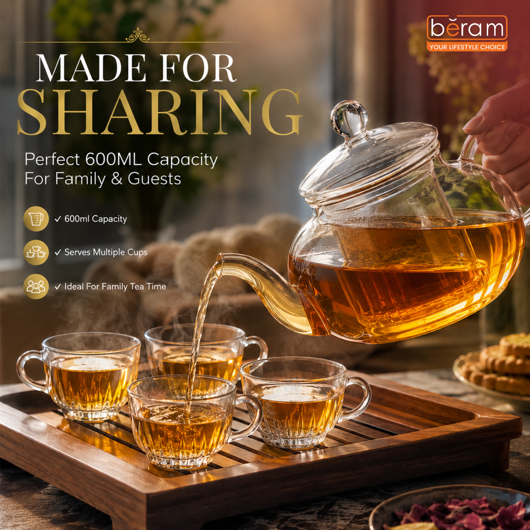 BERAM Glass Teapot with Removable 18/8 Stainless Steel Infuser, Bulge Lid 600ml, Borosilicate Clear Tea Kettle, Stovetop Safe, Hand Crafted Tea Kettle for Home, Loose Leaf Tea Maker, Tea Brewer
