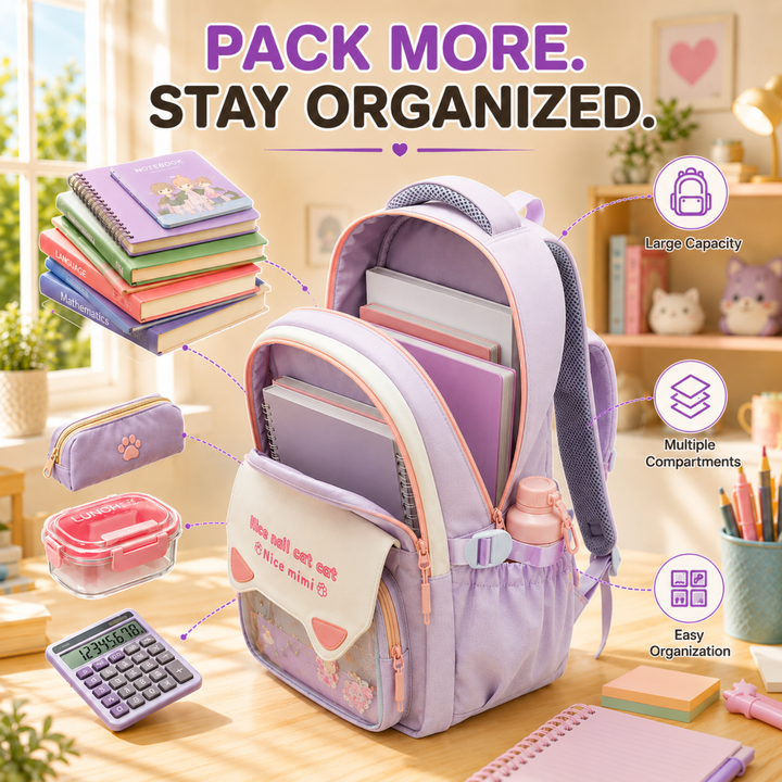 Mimi Meow School Backpack, Cute Cat Water-Resistant Student Backpack with Front Pocket, Lightweight Large Capacity School Bag with Side Bottle Pockets for School & Travel