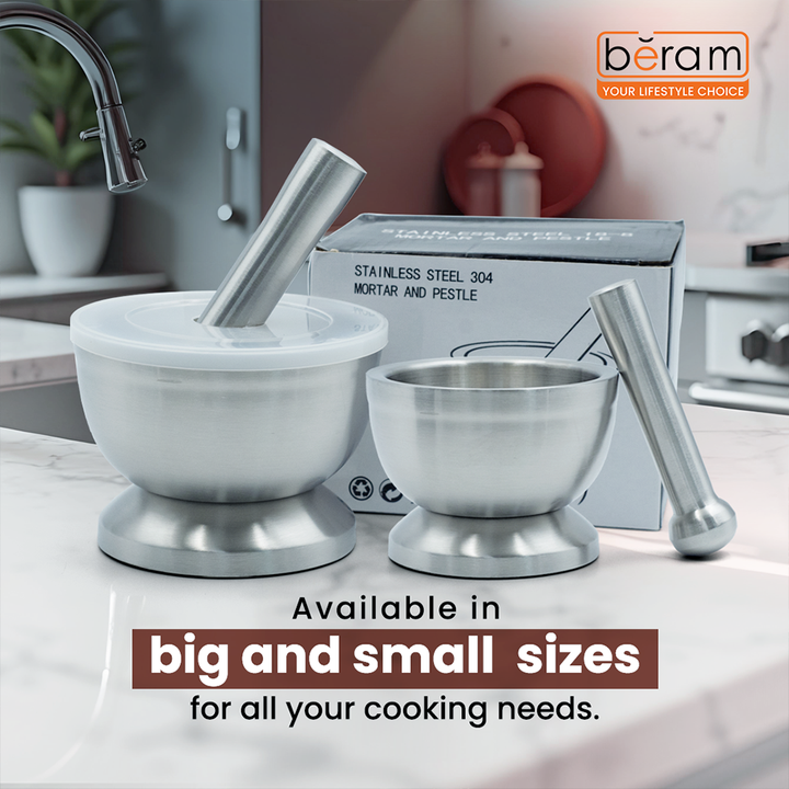 BERAM Pestle and Mortar Set Manual Grinder with Lid Premium Stainless Steel Mixing Bowl for Garlic Spices Herbs Durable Sturdy and Long Lasting with Easy Cleaning
