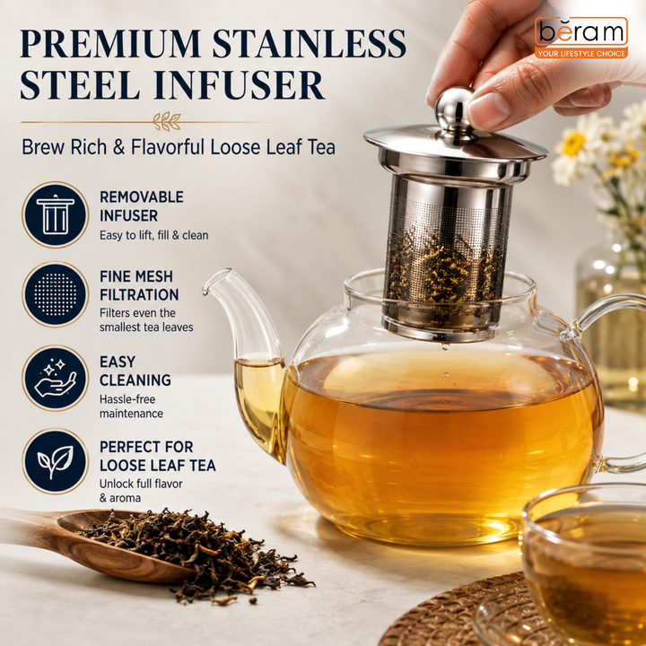 BERAM Glass Teapot with Infuser – 400ml Borosilicate Clear Tea Kettle with Removable 18/8 Stainless Steel Infuser, Stovetop Safe, Handcrafted Loose Leaf Tea Brewer for Home