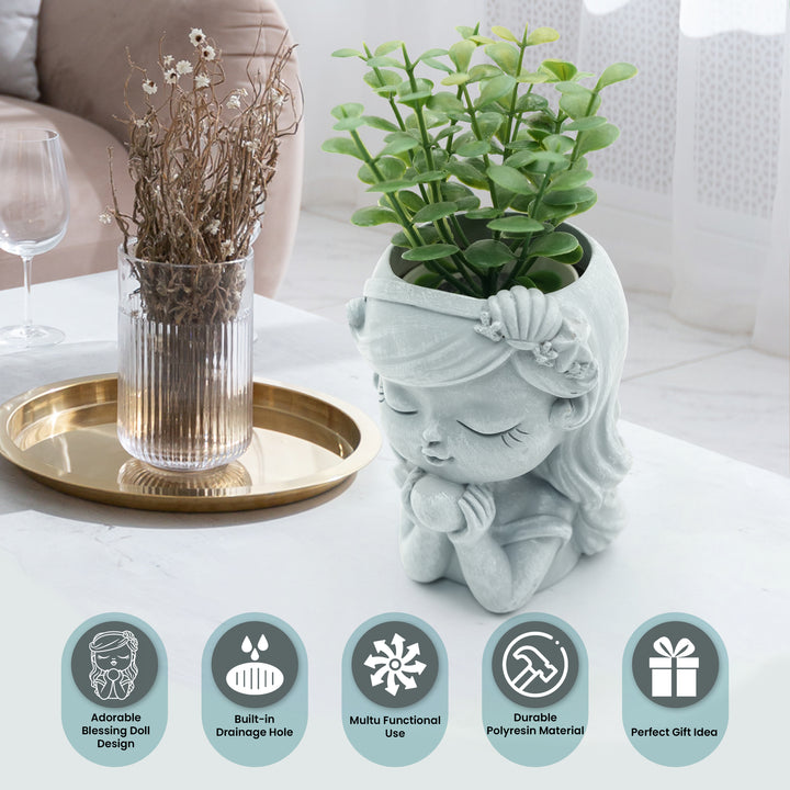 Bonsai Craft Vase 4-Set Pray Dream Flower Blessing Dolls Grey Polyresin Decorative Succulent Planters Elegant Home Office Desk Decor Flower Pots Pen Pencil Holders Propagator Kit Gift