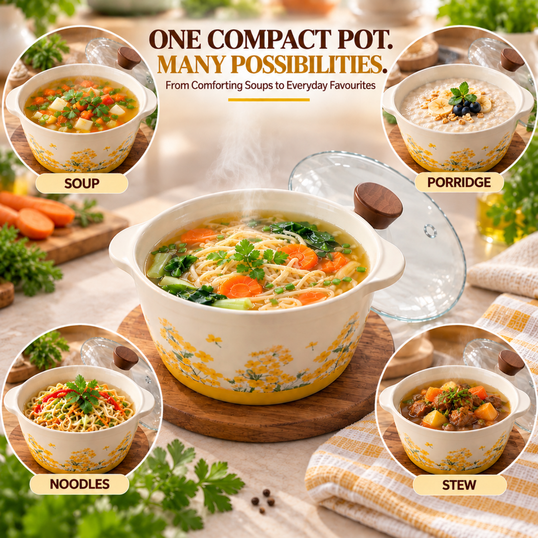 Soup Pot Set with Glass Lids, 0.85L Each, Floral Ceramic Cooking Pots with Side Handles & Wooden Knobs for Soup, Noodles, Porridge, Milk, Stews & Serving