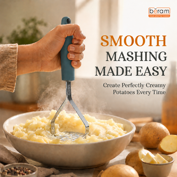BERAM Potato Masher, Ricer for Vegetables, Stainless Steel with Comfortable Handle, Lump Free Tool, Perfect For Mashing Potatoes, Apples, Beans, Peas, and More, Heavy Duty Kitchen Tool