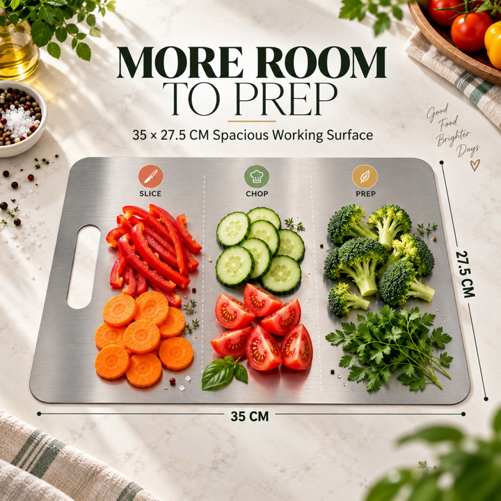 Stainless Steel Cutting Board 35 x 27.5 cm, Large Metal Chopping Board with Handle, Reusable Food Prep Board for Meat, Vegetables, Fruits, Dough & Kitchen Countertop