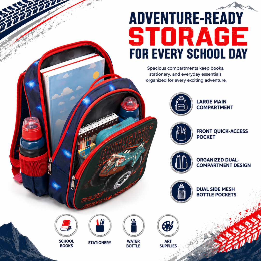 Vehicle Theme School Backpack, Large Capacity Lightweight Durable School Bag with Multiple Compartments, Side Bottle Pockets, Student Backpack for School, Travel & Everyday Use
