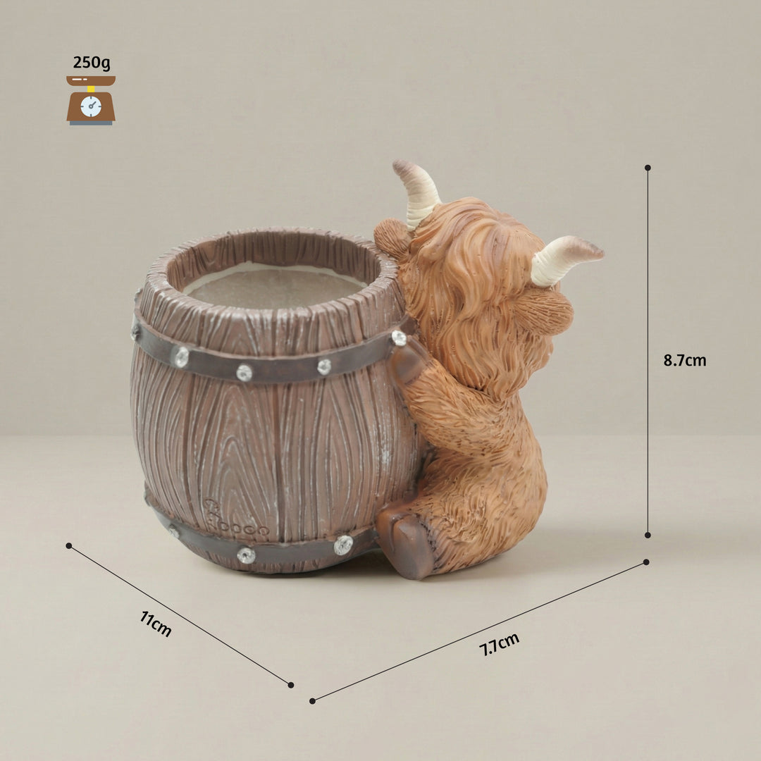 Scottish Highland Candle Cow-Barrel Flower Pot Polyresin Cute Cow Succulent Planter Decorative Mini Barrel Vase Indoor Outdoor Garden Desk Home Office Decor Pen Pencil Holder Propagator Kit