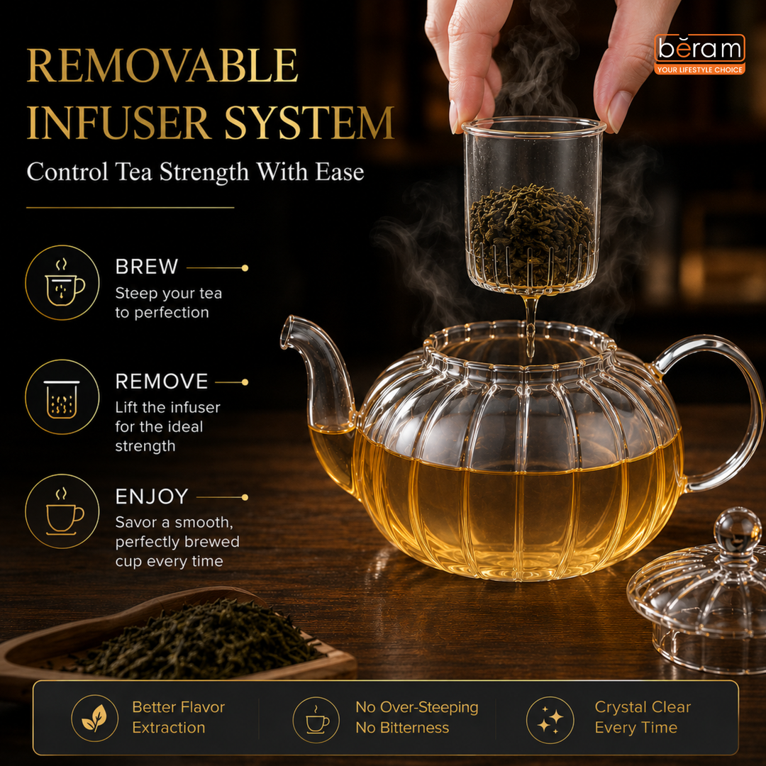 BERAM Glass Teapot with Removable Glass Infuser, 600ml Full Glass Borosilicate Tea Kettle, Handcrafted Clear Teapot, Stovetop Safe Loose Leaf Tea Maker & Blooming Tea Brewer