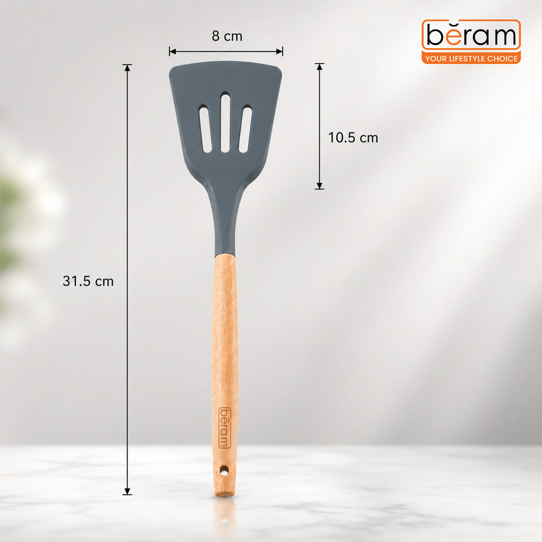Beram 11Pcs Silicone Cooking Utensil Set with Wooden Handles Heat Resistant BPA Free Non-Stick Kitchen Tools Set for Cooking Baking Stirring Serving and Mixing-Grey (11 Pcs Set)