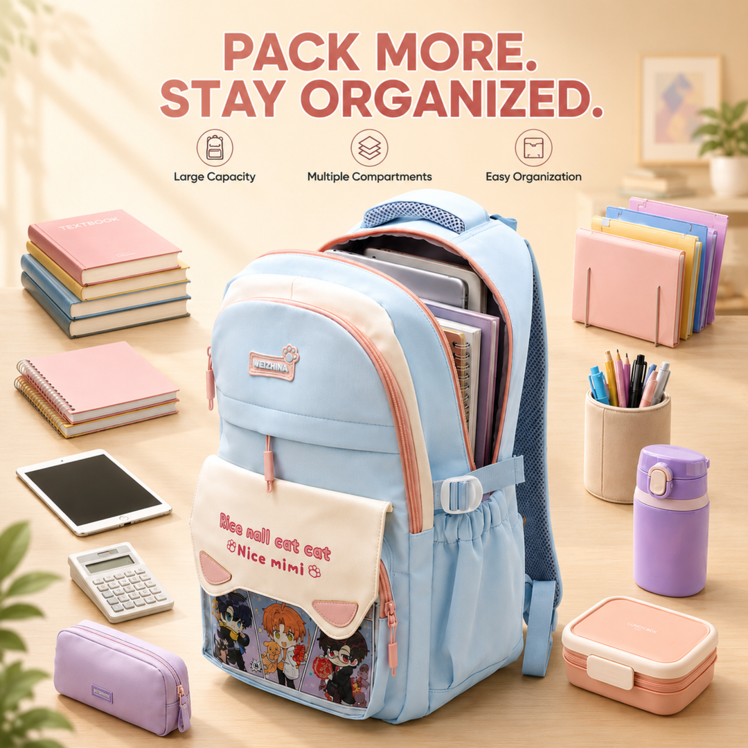 Mimi Meow School Backpack, Cute Cat Water-Resistant Student Backpack with Front Pocket, Lightweight Large Capacity School Bag with Side Bottle Pockets for School & Travel