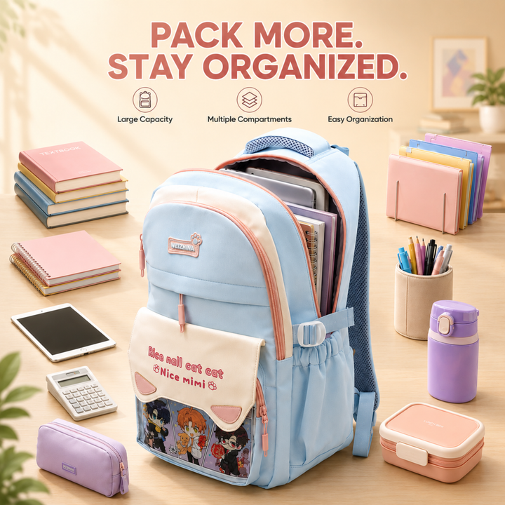 Mimi Meow School Backpack, Cute Cat Water-Resistant Student Backpack with Front Pocket, Lightweight Large Capacity School Bag with Side Bottle Pockets for School & Travel