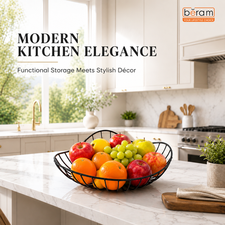 Beram Fruit Basket for Kitchen Counter Metal Wire Fruit Bowl & Vegetable Storage Organizer Rustic Countertop Fruit Holder with Handle for Kitchen, Dining & Pantry